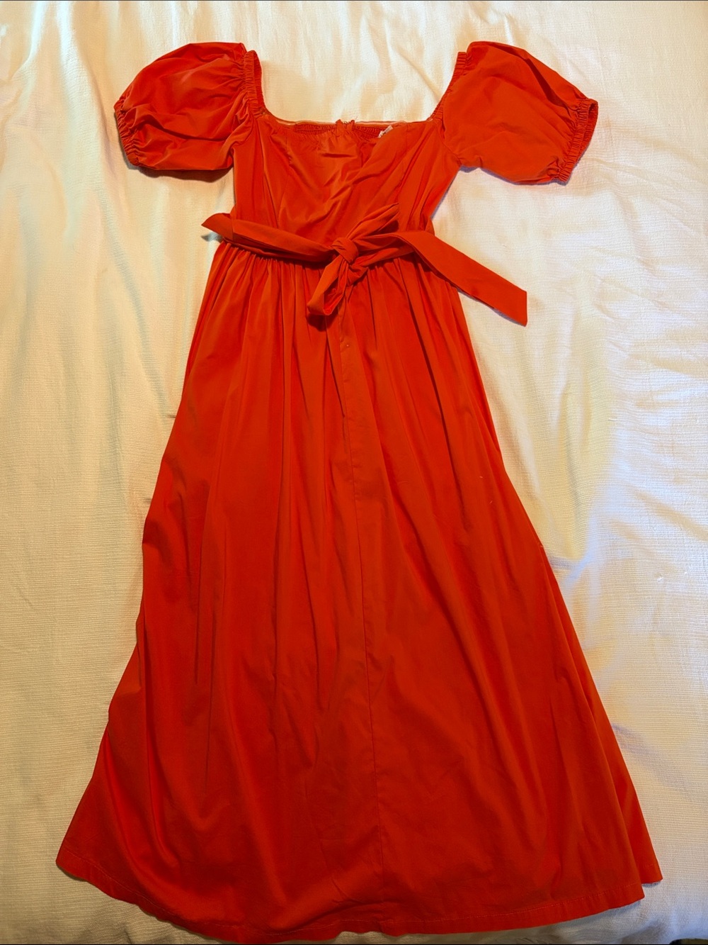 Women's Orange Puff-Sleeve Midi Dress with detachable tie